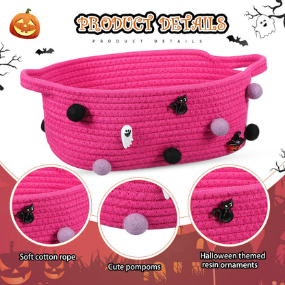 Teenyyou Halloween Gifts Basket Empty, 12" x 8" x 5" Woven Rope Basket with Gift Wrap Bag and Bow Clip for Halloween Party Gift Wrapping Decorations(Plum Red)