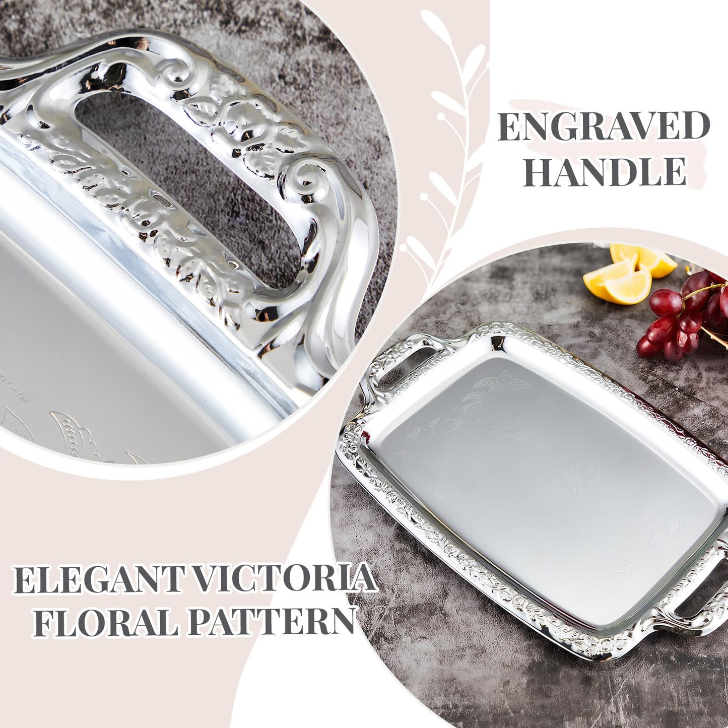 Tiangrid 4 Pcs Silver Serving Tray Elegant Floral Metal Plate Silver Platter for Buffet Wedding Party Jewelry Decorative (Oblong with Handle)