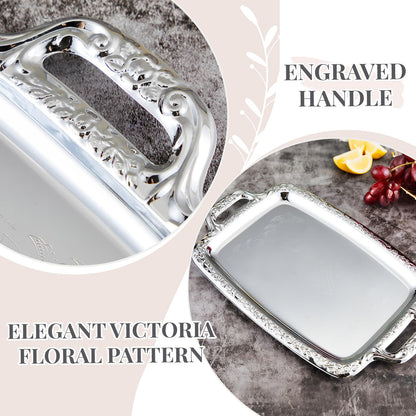 Tiangrid 4 Pcs Silver Serving Tray Elegant Floral Metal Plate Silver Platter for Buffet Wedding Party Jewelry Decorative (Oblong with Handle)