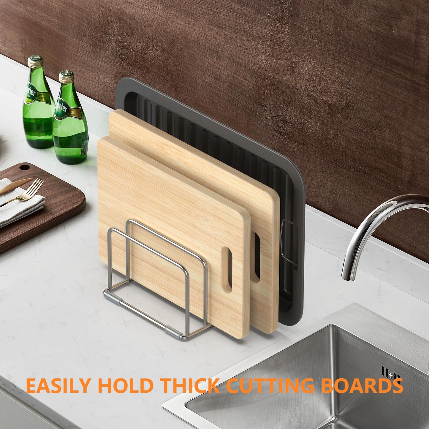 KORRTFID Cutting Board Holder Stand, Chopping Board Storage Rack, Cutting Board Organizer, 304 Stainless Steel Chopping Board Holder, Cookie Sheets Organizer 1.0+1.2 Inch Width Slots(Large)