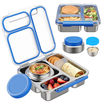 Pawtong Stainless Steel Bento Box Kids Adult with 7oz Insulated Food Jar, Transparent Lid Metal Lunch Box With Soup Thermal Jar, Lunch Box Container with Removable Divider & Sauce Cup School (Blue)