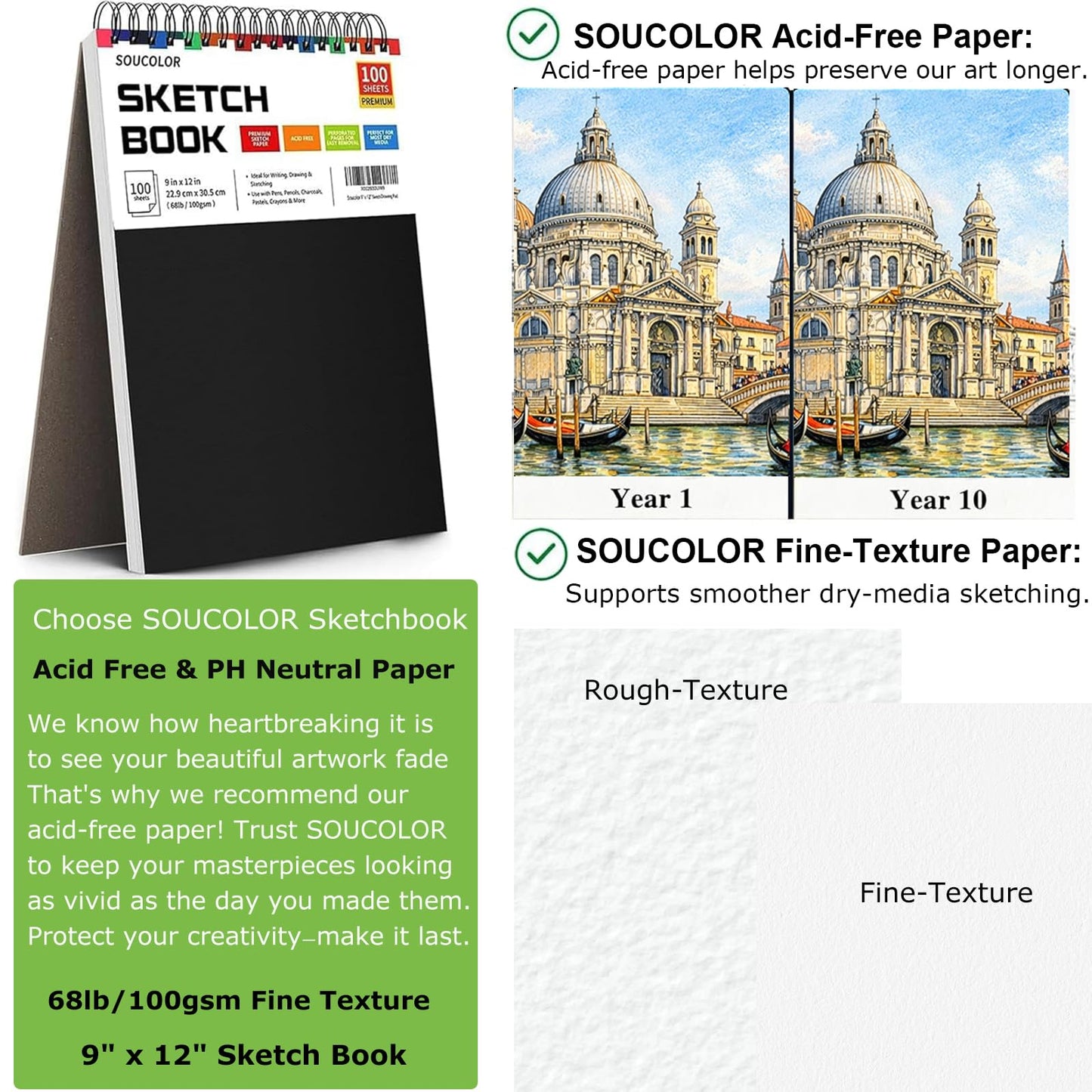 Soucolor 9" x 12" Sketch Book, 100 Sheets Top Spiral Bound Sketchbook with Acid-Free 68lb/100gsm Thick Drawing Paper, Art Sketch Pad for Kids, Adults & Artist, Professional Art Supplies for Beginners