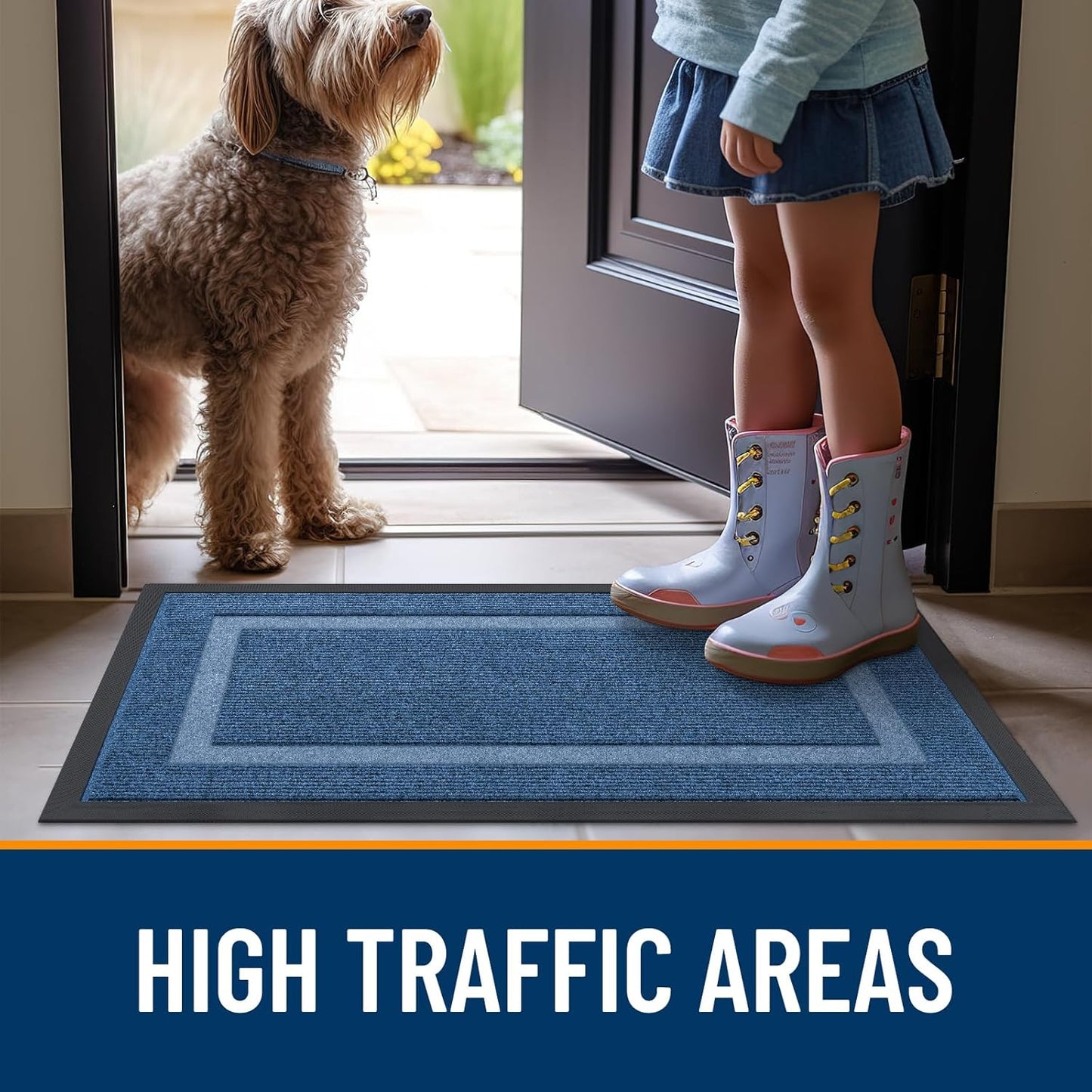 OLANLY Waterproof Front Door Mat - All-Season, Sturdy Natural Rubber, Easy Clean | 59x30, Light Blue