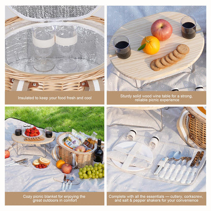 Zettfuly Picnic Basket Set for 2 - Wicker Insulated Picnic Basket with Waterproof Blanket, Folding Wine Picnic Table & Cutlery Kits, Picnic Baskets Kit for Camping, Outdoor, Valentine (White Flower)