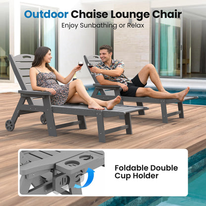 UDPATIO Outdoor Chaise Lounge Chair, HDPE Patio Lounge Chairs for Outside with Wheels & Cup Holder, Reclining Seating with 5 Position for Poolside Deck Garden Indoor,Grey,2PCS