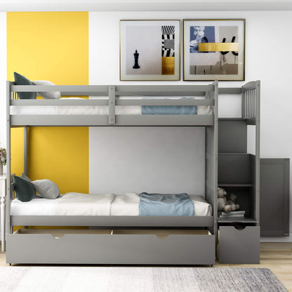 Merax Twin Over Full/Twin Bunk Bed with Stairs & Storage, 3-in-1 Convertible Bottom Bed with Storage Shelves and Drawers, Bunk Bed with Guardrails for Bedroom, Gray