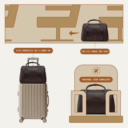Wool & Oak Duffle Suitcase – Full-Grain Leather Travel Bag with Clamshell Opening, 33 L Capacity, Trolley Sleeve & 16″ Laptop Pocket – “DS Carry” Personal-Item Size - Pebble Leather - Chocolate