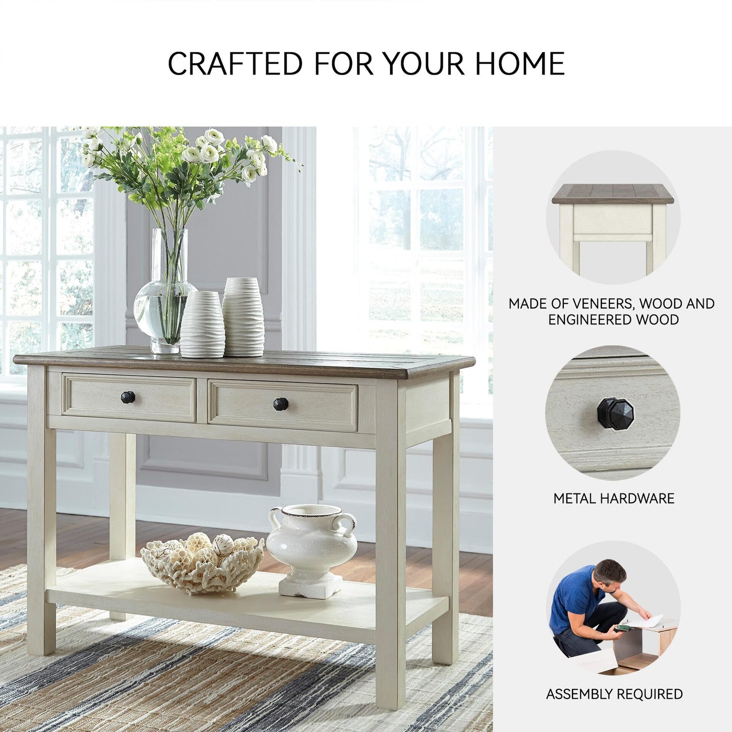Signature Design by Ashley Bolanburg Sofa Table, Two‑Tone Wood Console With Drawers, Antique Finish With Metal Hardware, Ideal for Entryway or Living Room Display, Antique White