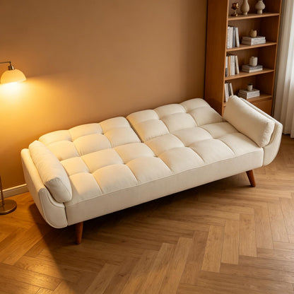 ERYE 75-Inch Upholstered Futon Sofabed for Bedroom Living Room, Modern Linen Tufted Convertible Futon Loveseat Sleeper Sofa Bed with Adjustable Backrest and Pillows