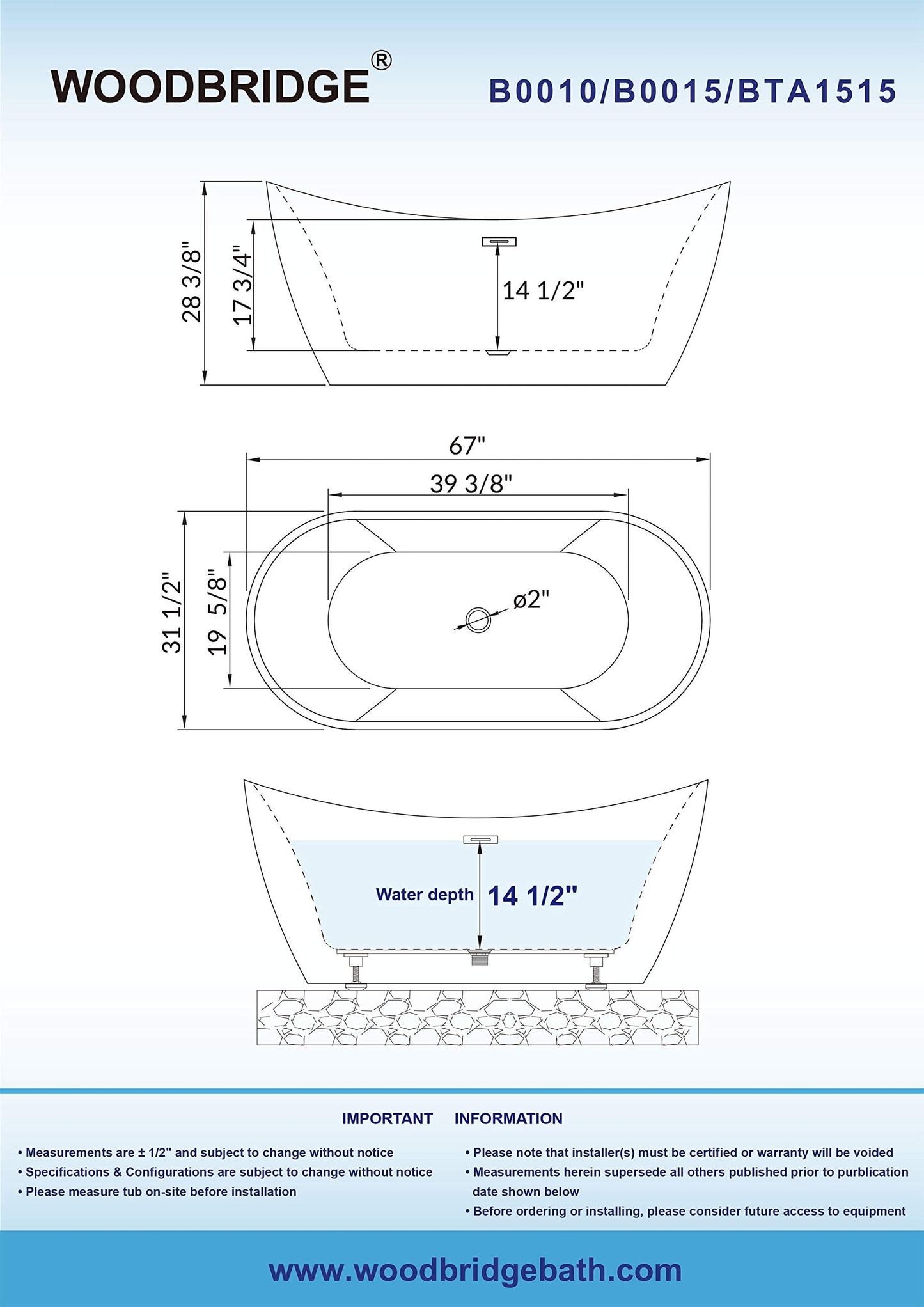 WOODBRIDGE 67" Acrylic Freestanding Bathtub Contemporary Soaking White Tub with Oil Rubbed Bronze Overflow and Drain，BTA1515-ORB-Drain&O