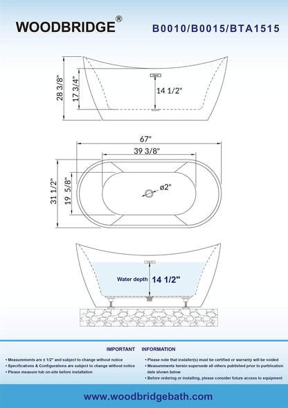 WOODBRIDGE 67" Acrylic Freestanding Bathtub Contemporary Soaking White Tub with Oil Rubbed Bronze Overflow and Drain，BTA1515-ORB-Drain&O