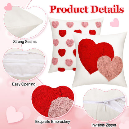 Briwooody 2 Pcs Valentine‘s Day Throw Pillow Covers 18 x 18 Inch Embroidery Cushion Covers Love Heart Pillow Cases for Sofa Bed Home Indoor Outdoor Decor Valentine Gift Couple Presents