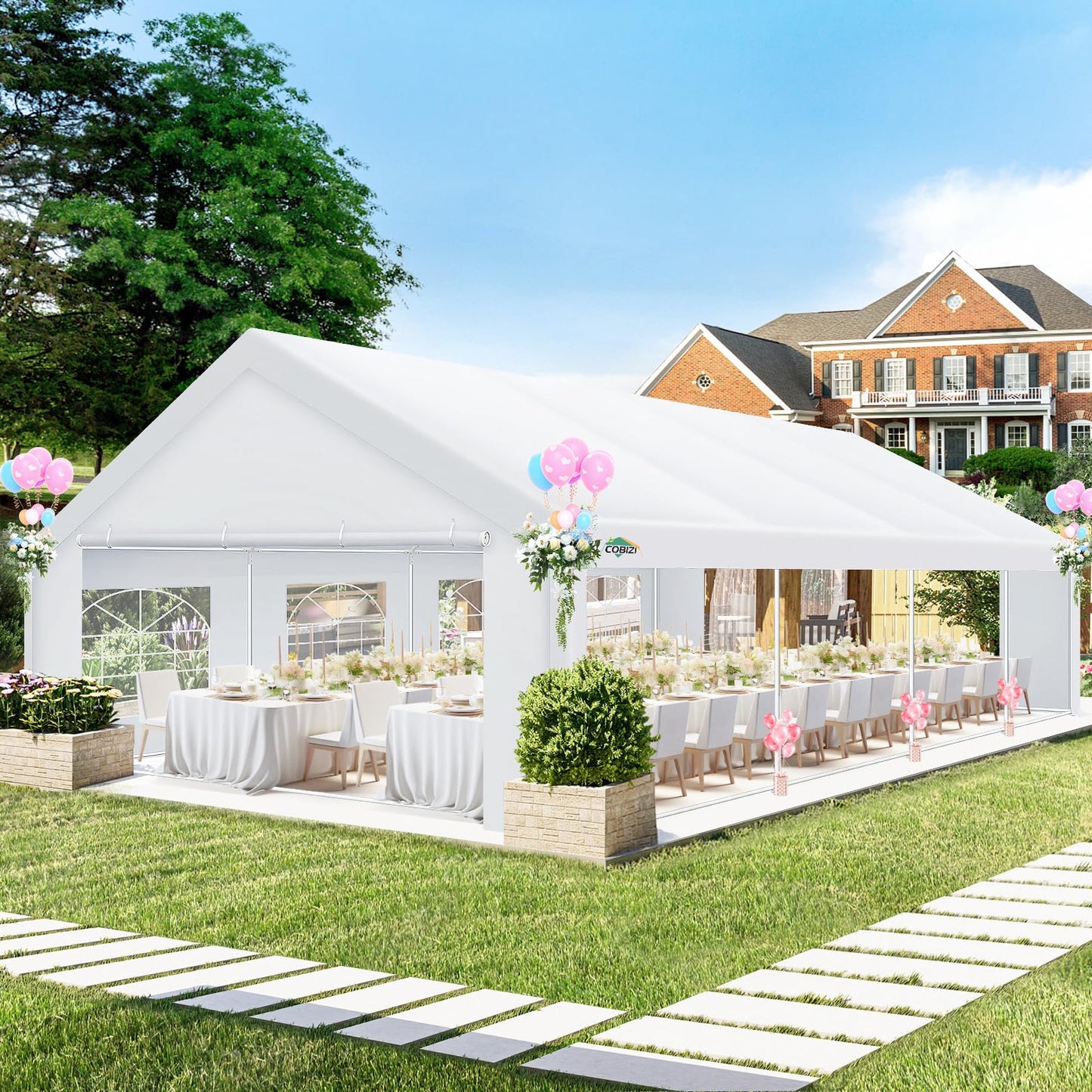 COBIZI 20x30 Party Tent Heavy Duty, Carpas para Fiestas 20x30 with 6 Removable Sidewalls & 4 Built-in Sandbags, Party Tent for Party Outside UV50+ Waterproof, White