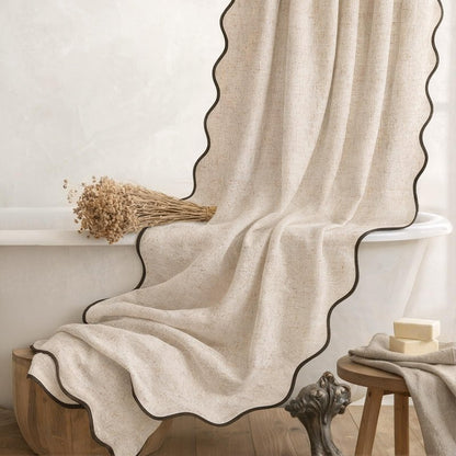 XOGUIBO Linen Shower Curtain Beige Cute Black Scalloped Boho Modern Shower Curtains for Bathroom Set, 72" W x 72" L