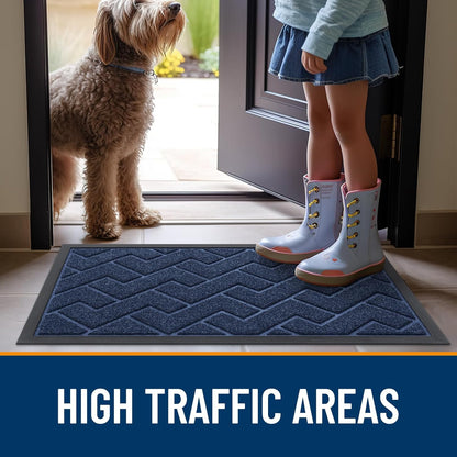 OLANLY Waterproof Front Door Mat - All-Season, Sturdy Natural Rubber, Easy Clean Herringbone Design (Blue, 47x32)