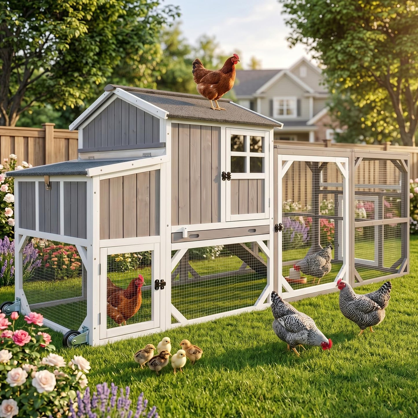 Large Outdoor Chicken Coop with Run & Wheels, 95.3" Wooden Hen House for 3–6 Chickens, 3-Compartment Nesting Box (2 Dividers), Pull-Out Tray, UV-Resistant Roof, Predator-Resistant Wire Mesh
