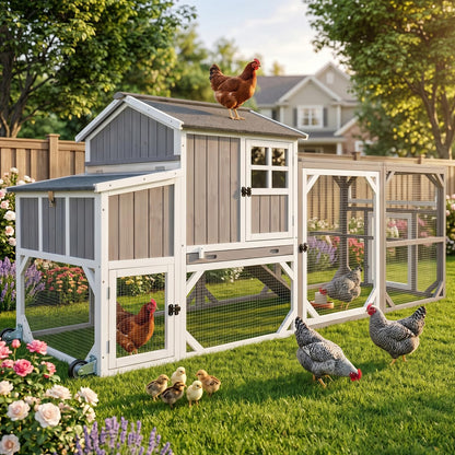 Large Outdoor Chicken Coop with Run & Wheels, 95.3" Wooden Hen House for 3–6 Chickens, 3-Compartment Nesting Box (2 Dividers), Pull-Out Tray, UV-Resistant Roof, Predator-Resistant Wire Mesh