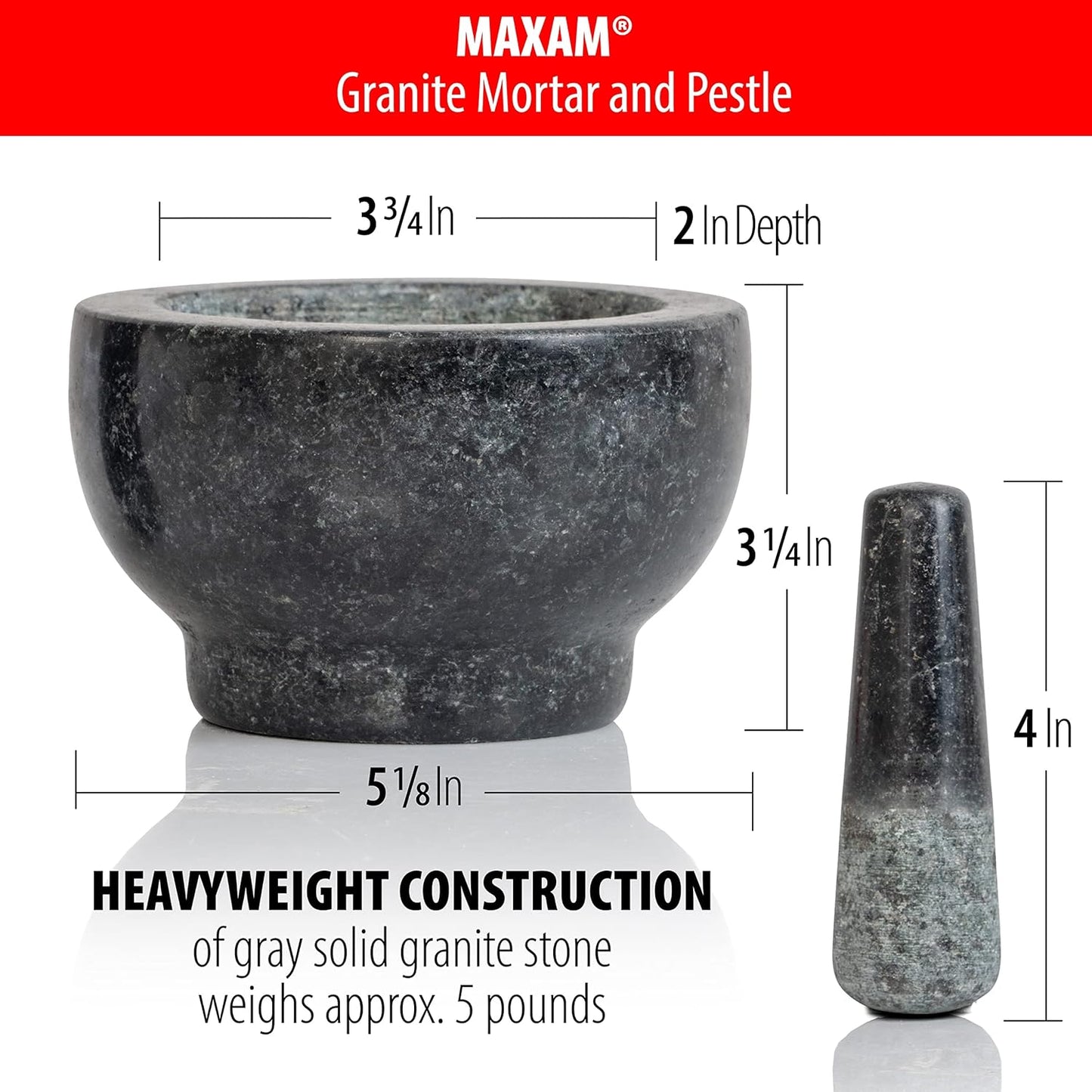 Set 5 Inch Maxam Mortar and Pestle - - Heavy Natural Granite Spice Grinder Bowl, Herb Crusher, Make Fresh Guacamole at