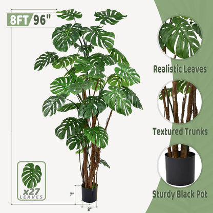 Roselywed Artificial Monstera Deliciosa Tree 8FT with 27 Split Leaves Realistic Tropical Swiss Cheese Plant 94 Inch Tall Large Fake Faux Palm Black Pot for Indoor Home Office Porch Mall Hotel Decor