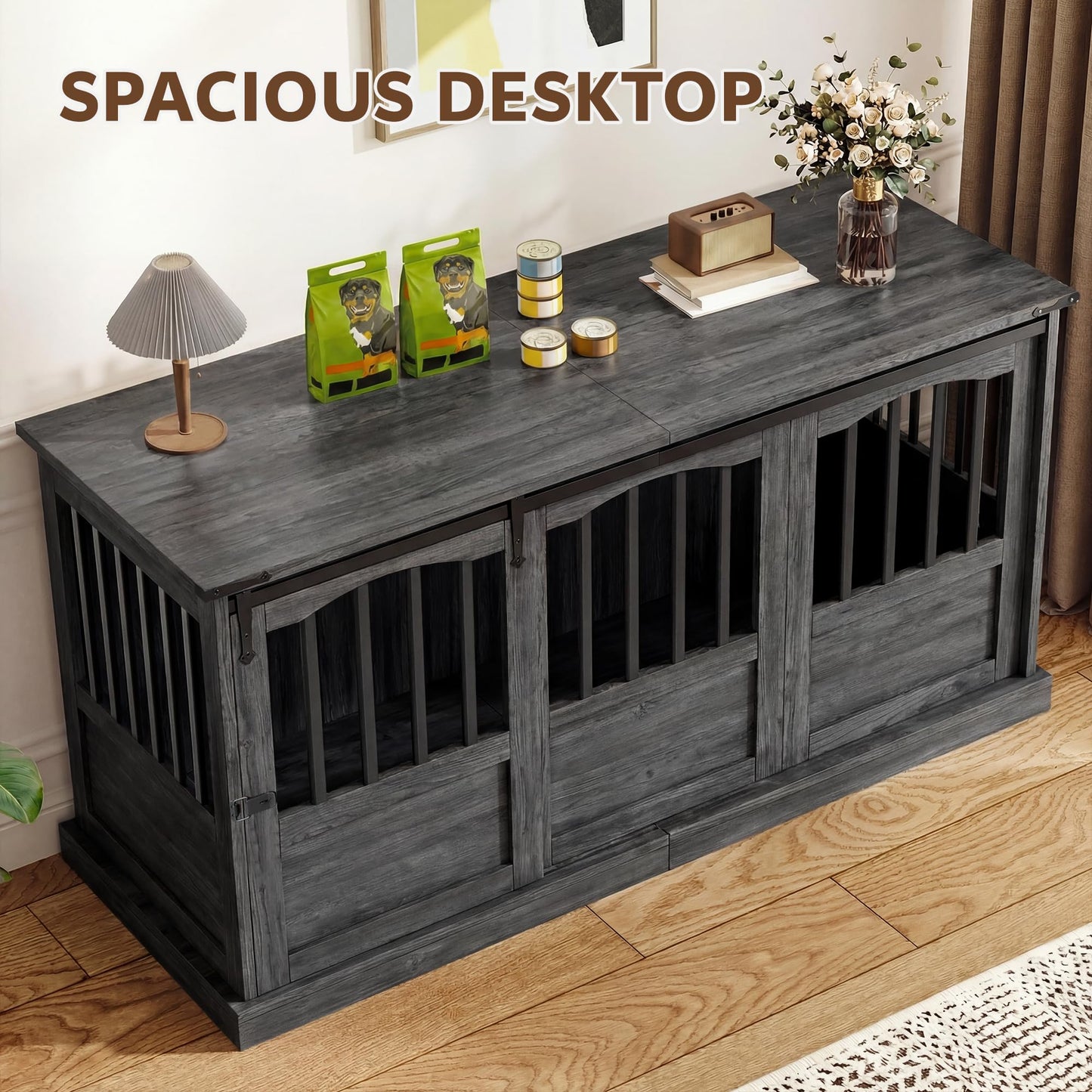 Homiflex 72" Double Dog Crate Furniture for 2 Medium Large Dogs Wooden Heavy Duty Dog Kennel Furniture with 2 Sliding Doors and Divider Decorative Dog Cage TV Stand End Table for Indoor, Grey