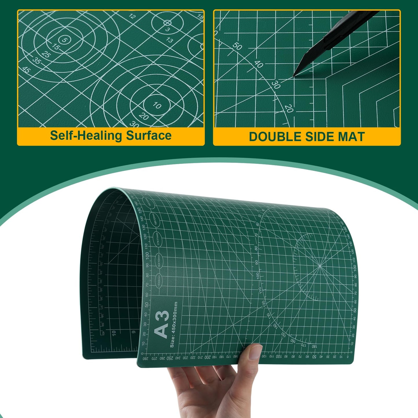 A3 Self Healing Cutting Mat Set, 5 Pack Double-Sided PVC Cutting Mats for Crafts with Inch, Metric, and Angle Guides for Sewing, Quilting, and DIY Cutting