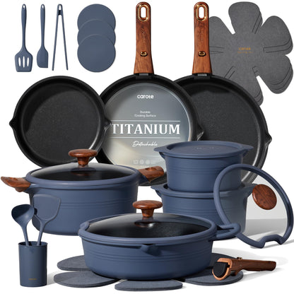 CAROTE 30-Piece Titanium Cookware Set, Nonstick Pots and Pans Set with Detachable Handle, RV Kitchen Cooking Set, Camping Use, Induction Compatible, Dishwasher & Oven Safe