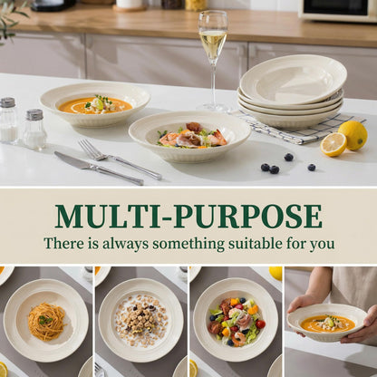 OniAnt Wide Rim Soup Bowls, 8 Inch Ceramic Rimmed Pasta Bowl Plates, Small Shallow Bowls Set of 4 for Side Salad, Portion Control, Oatmeal & Dessert, Microwave Dishwasher Safe - Cream Beige