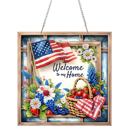 SHLUHA Diamond Art Kits for Adults Diamond Art Welcome Design Special Shape Acrylic Hanging Pendant Crystal Mosaic Home Wall Door Window Decor with Chain Handmade Gift with American Flag(LG53)
