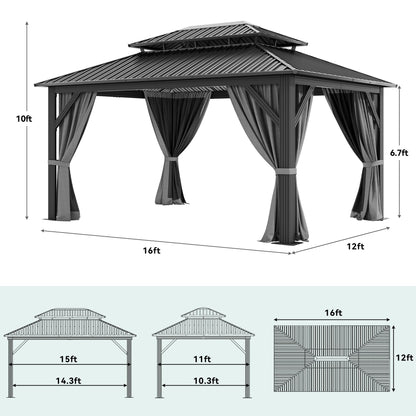 YITAHOME 16X12FT Patio Hardtop Metal Gazebo with Nettings and Curtains, Heavy Duty Double Roof Galvanized Steel Outdoor Waterproof Gazebo for Patio, Backyard, Deck, Gray