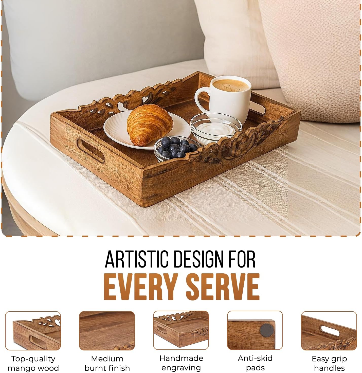 16x12x2.5 Countertop Mela Artisans Orchid Design Wooden Decorative Tray with Handles | Mango Wood Ottoman Tray |