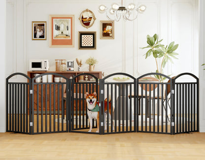 THKKY Folding No-Assembly Freestanding Dog Gate with Door,32" Heights Foldable Pet Fence,144" Extra Wide Accordion Puppy Folding Playpen for Doorways,House,Stairs (6 Panels,Black)