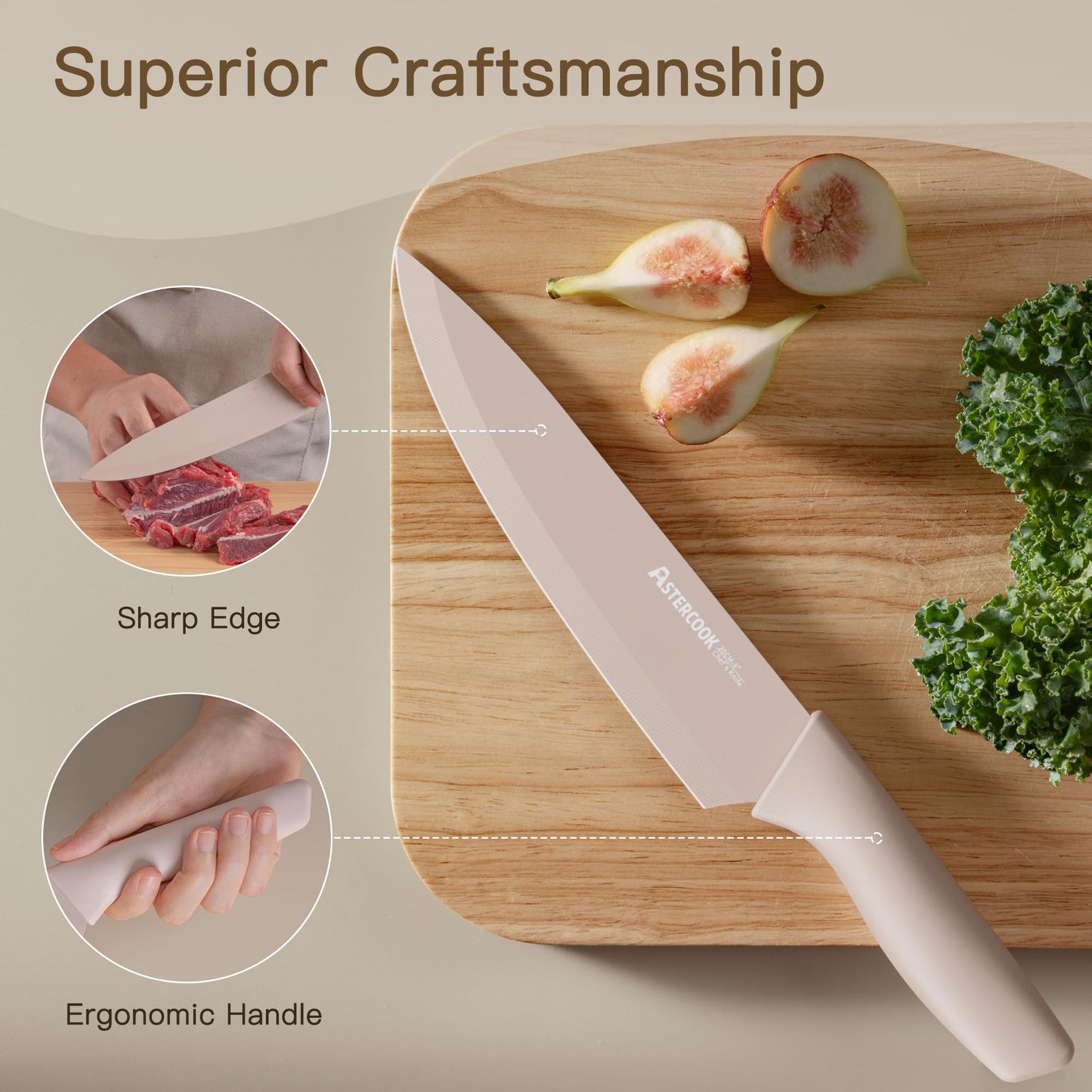 Astercook Knife Set, 13 Pieces Kitchen Knives Set with Healthy Anti-Rust Coating, Dishwasher Safe, Stainless Steel Chef Knife Sets with 6 Blade Guards, Perfect Mothers Day Gifts for Kitchen