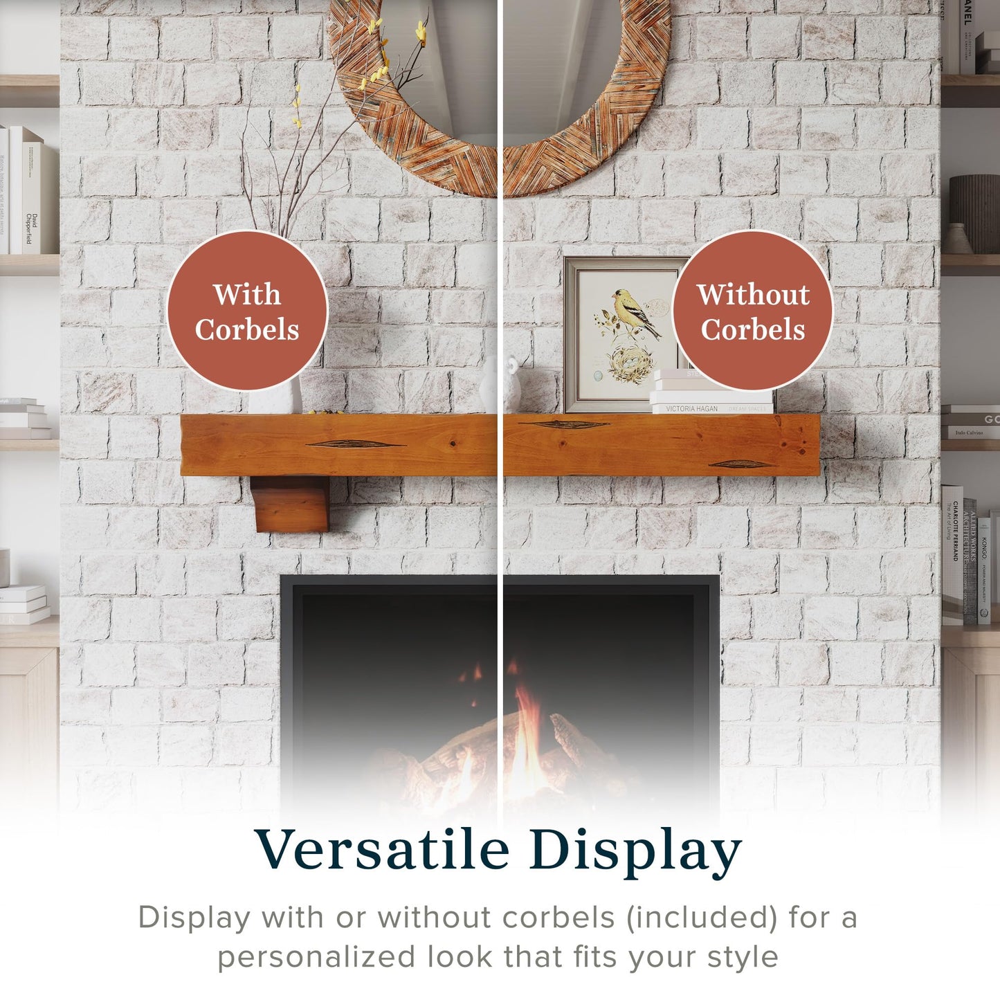 MANTELSDIRECT Breckenridge 60” Fireplace Mantel Shelf with Corbels – Rustic Floating Mantel Shelf for Over Fireplace – Chestnut - Wood Shelf for Wall – Pine Box Construction