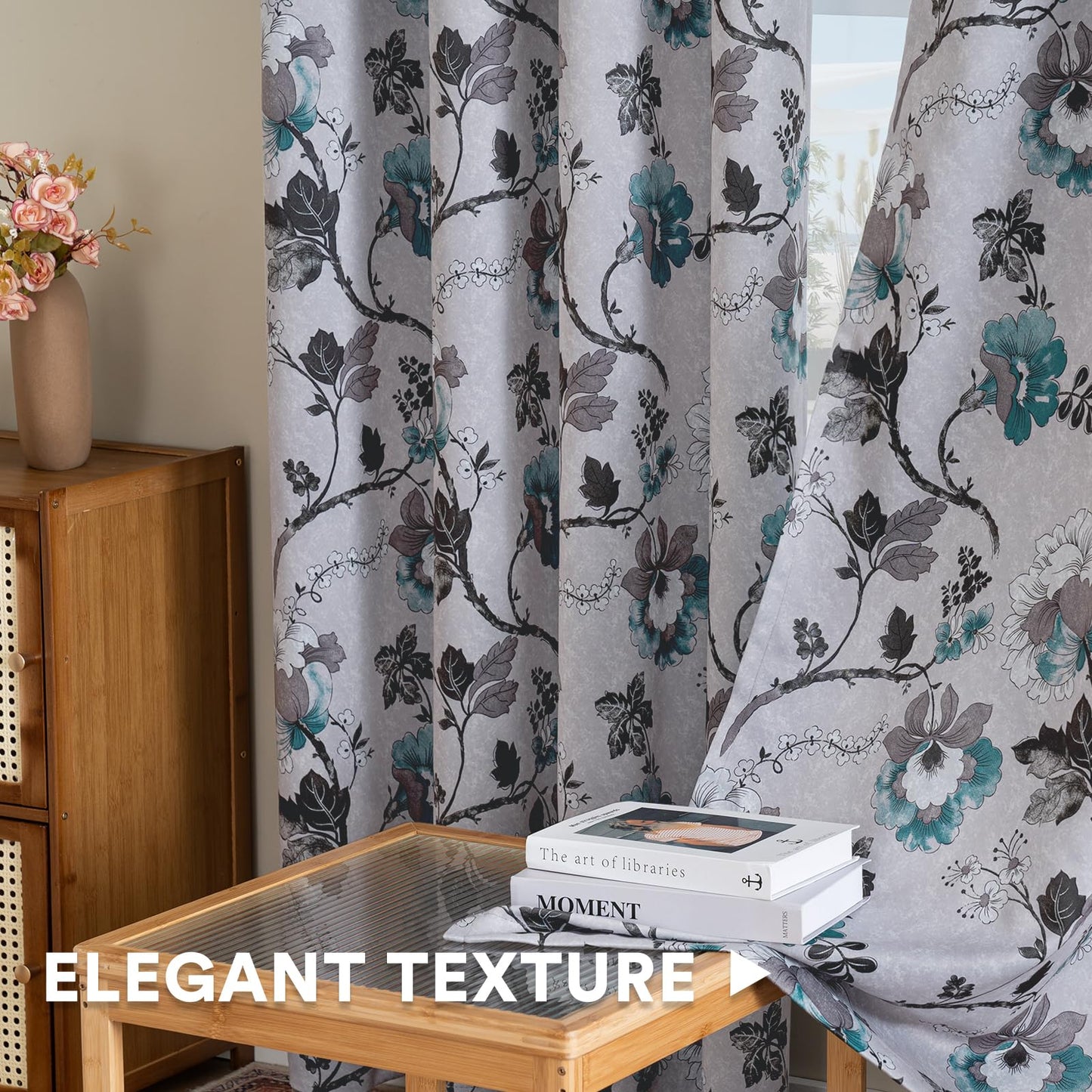 H.VERSAILTEX Blackout Curtains for Bedroom/Living Room Thermal Insulated Printed Curtain Drapes 84 Inches Long Energy Efficient Room Darkening Curtains Pair (2 Panels), Vintage Floral Grey & Teal