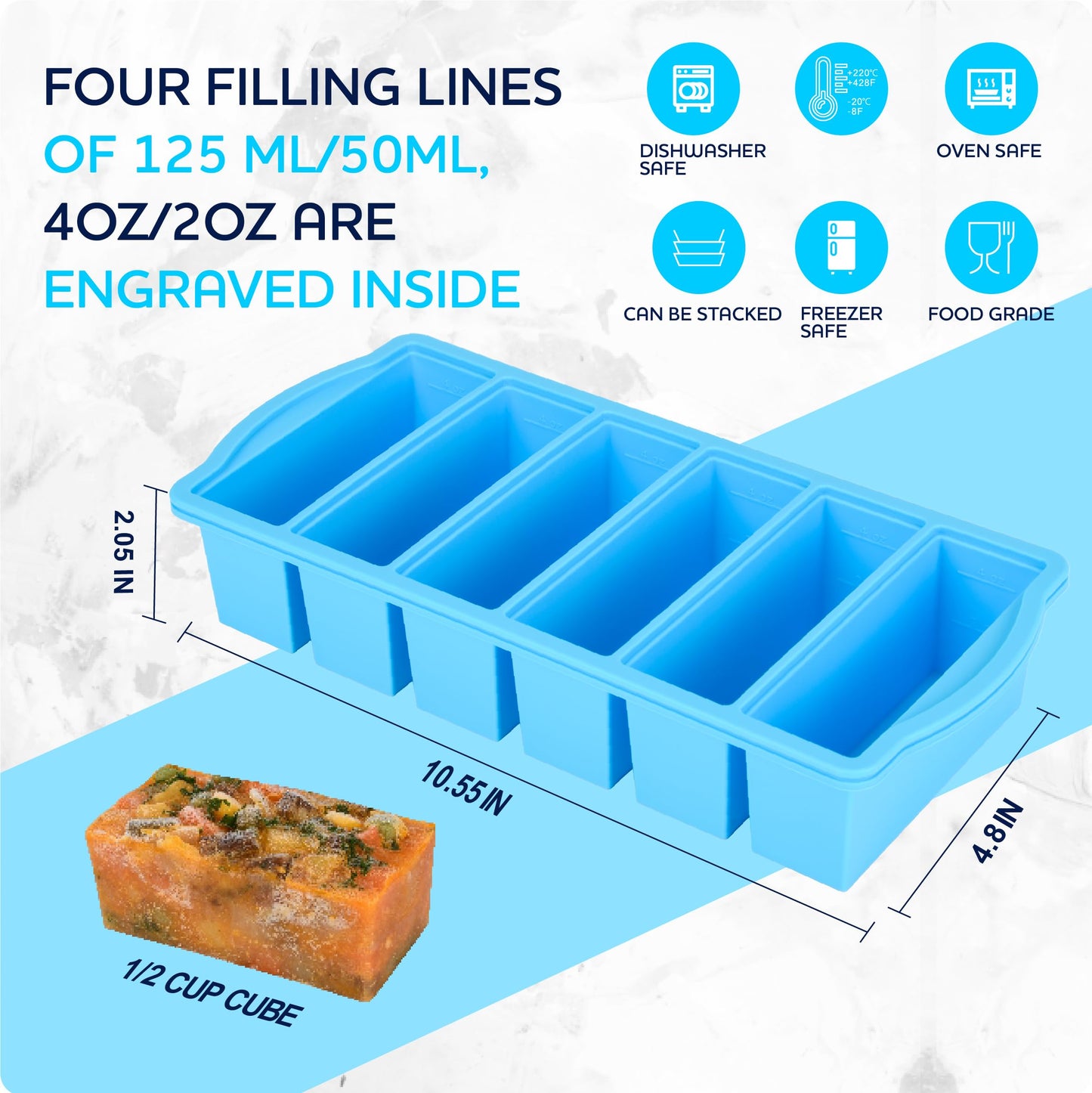 Silicone Freezer Molds with Lids, 1/2 Cup Soup Freezer Container Reinforced Steel Ring Top for freezing Soup Sauce Broth Leftovers, Silicone Freezer tray 2-Pack, Oven & Dishwasher Safe