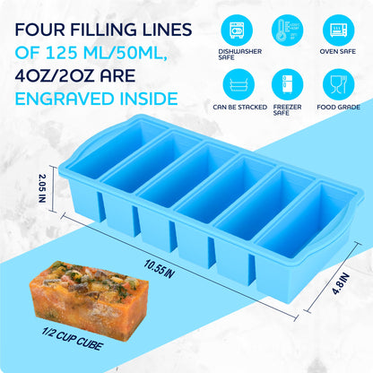 Silicone Freezer Molds with Lids, 1/2 Cup Soup Freezer Container Reinforced Steel Ring Top for freezing Soup Sauce Broth Leftovers, Silicone Freezer tray 2-Pack, Oven & Dishwasher Safe