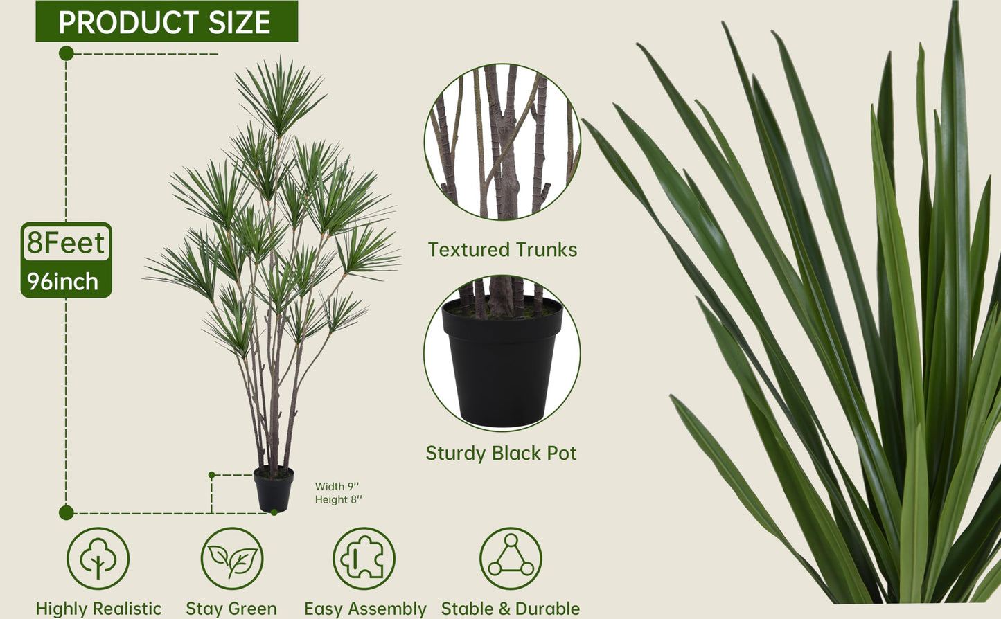 Fsslower Artificial Dracaena Marginata Tree 8FT with 547 Leaves & 19 Heads Tall Large Lifelike Faux Tropical Yucca Plant Madagascar Dragon Tree 96 Inch Black Pot for Indoor Home Office Store Decor