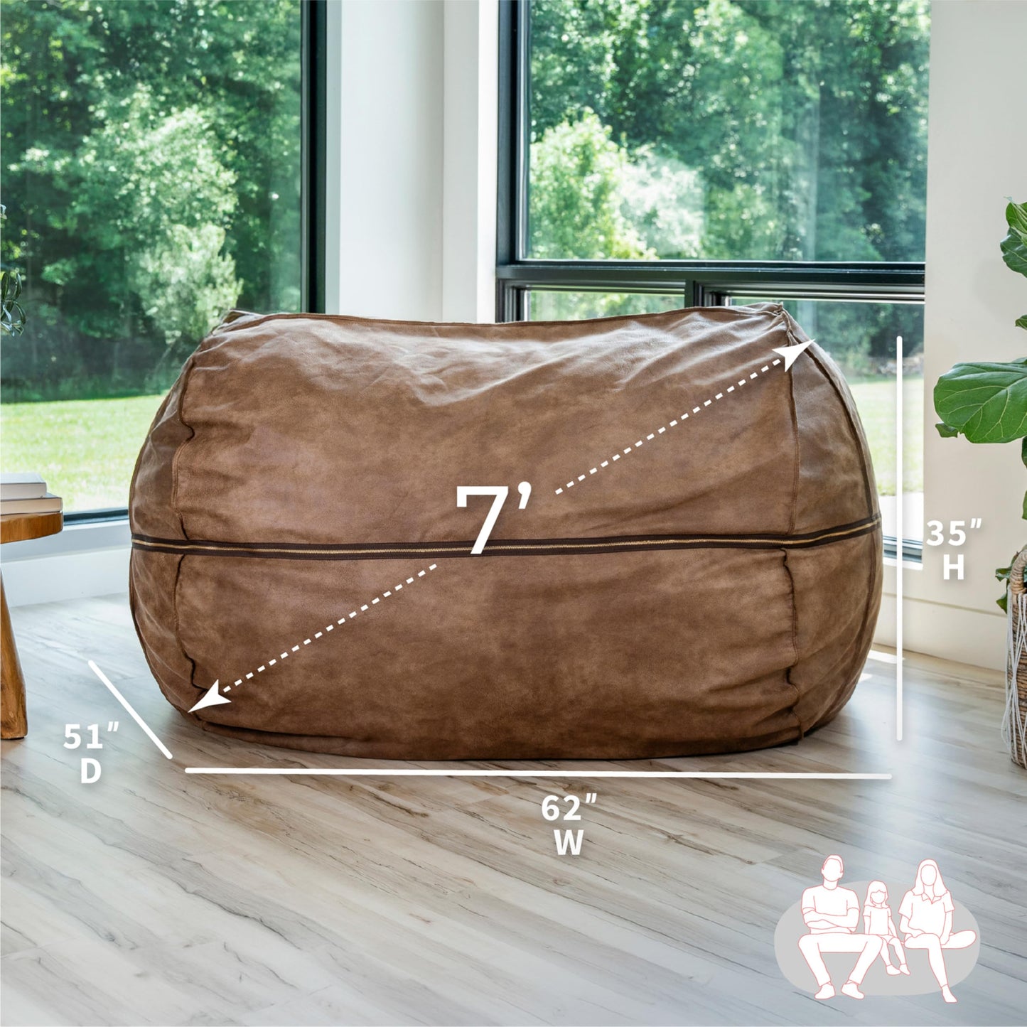 Big Joe Fuf 7Ft Giant Foam Bean Bag Chair, Oversized Couch with Removable Cover for Kids, Teens, Adults, Coffee Soft Vegan Leather, 7 Foot