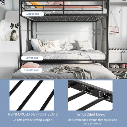 SUNLEI Metal Bunk Beds with Double Secured Ladders, Twin Bunk Bed with Surrounded Safety Guardrails, Space Saver Twin Beds, Noise Free for Small Bedroom, with Trundle Function, Solid Black