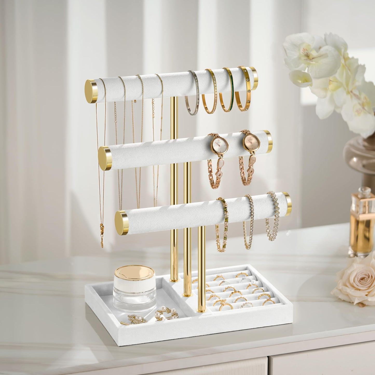3 Tier Bracelet Holder Display - Detachable T Bar White Velvet Bracelet Holder, Jewelry Holder Organizer for Bracelet, Necklace, Watches, Rings