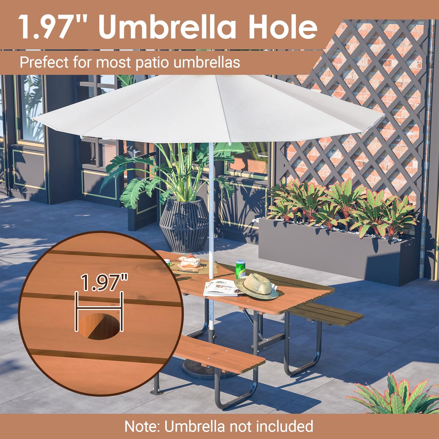 72" Rectangular Outdoor Picnic Table for 6 Person,Heavy Duty Wooden Dining Set with Built-in Benches,Metal Legs,1.97" Umbrella Hole,Waterproof&Corrosion-Resistant,Ideal for Garden, Backyard,Brown