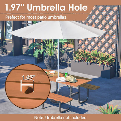 72" Rectangular Outdoor Picnic Table for 6 Person,Heavy Duty Wooden Dining Set with Built-in Benches,Metal Legs,1.97" Umbrella Hole,Waterproof&Corrosion-Resistant,Ideal for Garden, Backyard,Brown