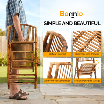 Bonnlo Bamboo Folding Chairs 1/2/4 Pack Foldable Dining Wood Chairs for Outdoor Indoor Garden Patio Lawn Porch Wedding Party Event