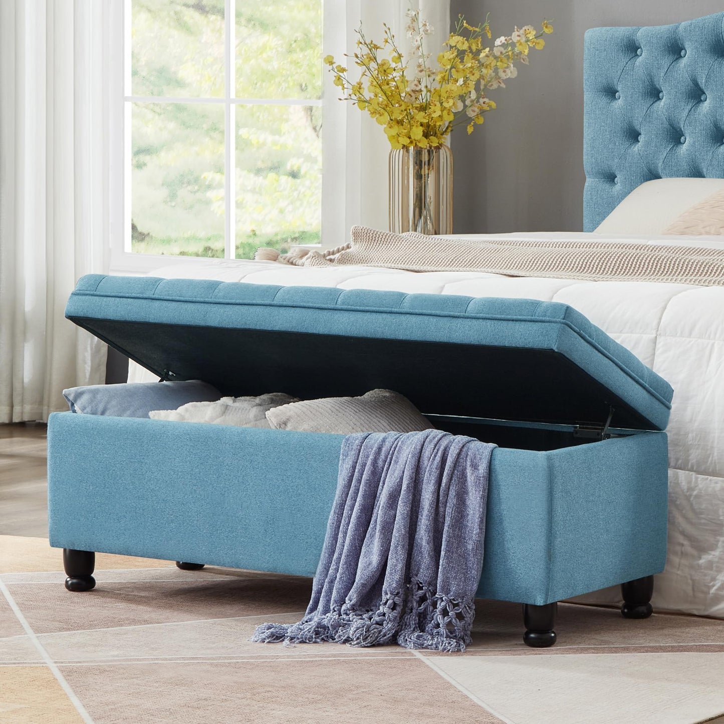 ACQCA Upholstered Ottoman with Storage,Entryway Bench with Tufted Buttons and Spindle Wooden Legs for Living Room,Bedroom,Light Blue