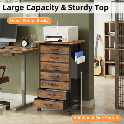 HIGDBFE 7 Fabric Drawers File Cabinet with Side Pocket, Rolling Printer Stand with Storage for Home Office, Wood Top Storage Cabinet for Documents and Crafts, Rustic Brown, 15" D