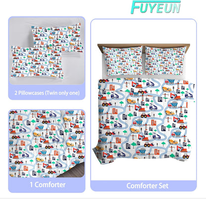 Set Set 1 1 Cartoon Truck Comforter Twin: Construction Bedding for Boys Kids Children Bedroom Dorm White Cute Cars