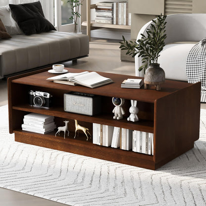 Merax Modern 47.2" Rectangle Coffee Table with 4 Drawers and 2 Display Shelves, Wood Fluted Style Center Tables w/Tempered Glass for Living Room Reception Room, Brown