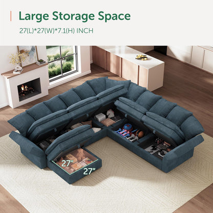 HONBAY Modular Sectional Sofa, 6 Seat U Shaped Corduroy Couch with Storage & Pillows, Convertible Sectional Couches for Living Room, Blue