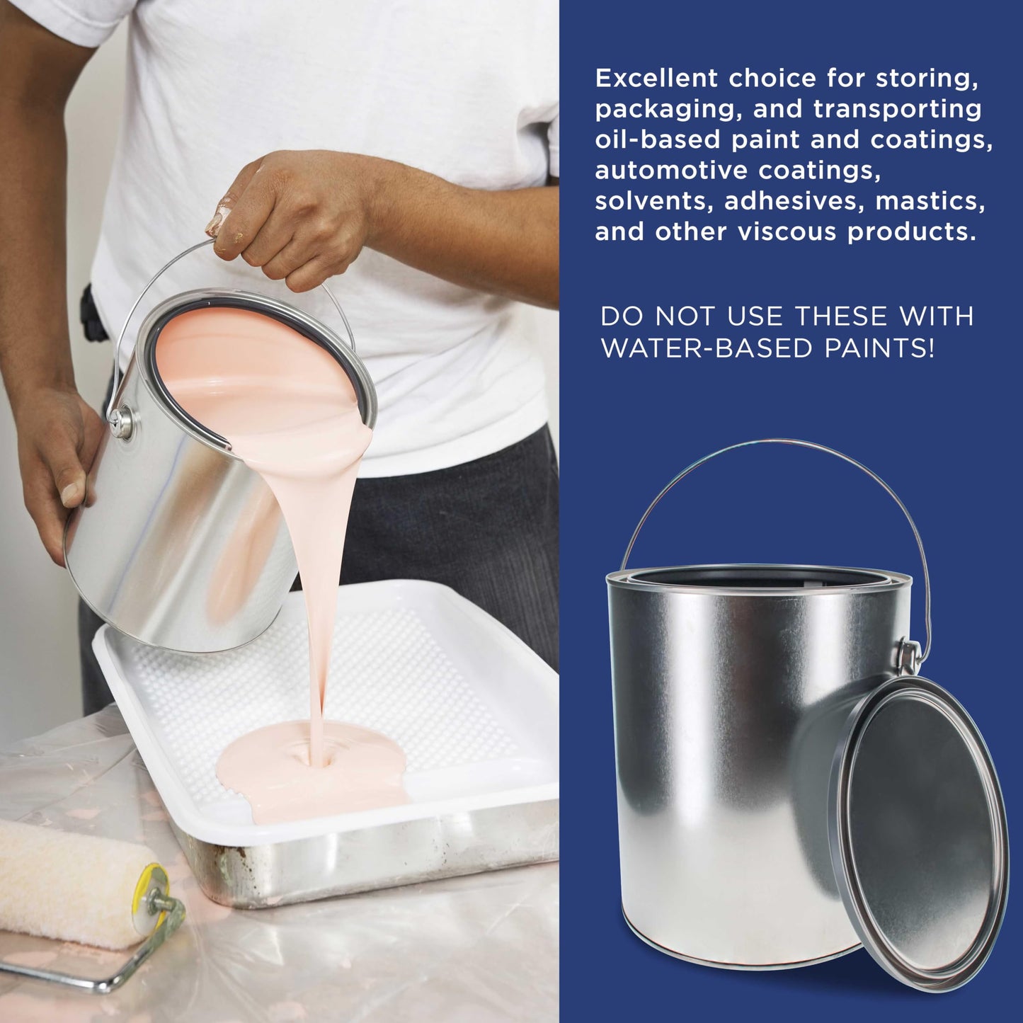 Master Elite 1 Gallon Unlined Empty Metal Paint Can Bucket with Lid, Bail Handle - Triple Tight Seal, 128 fl. oz. Steel Coating Storage Container Tin - Store Leftover Oil-Based Paint, Automotive, Art