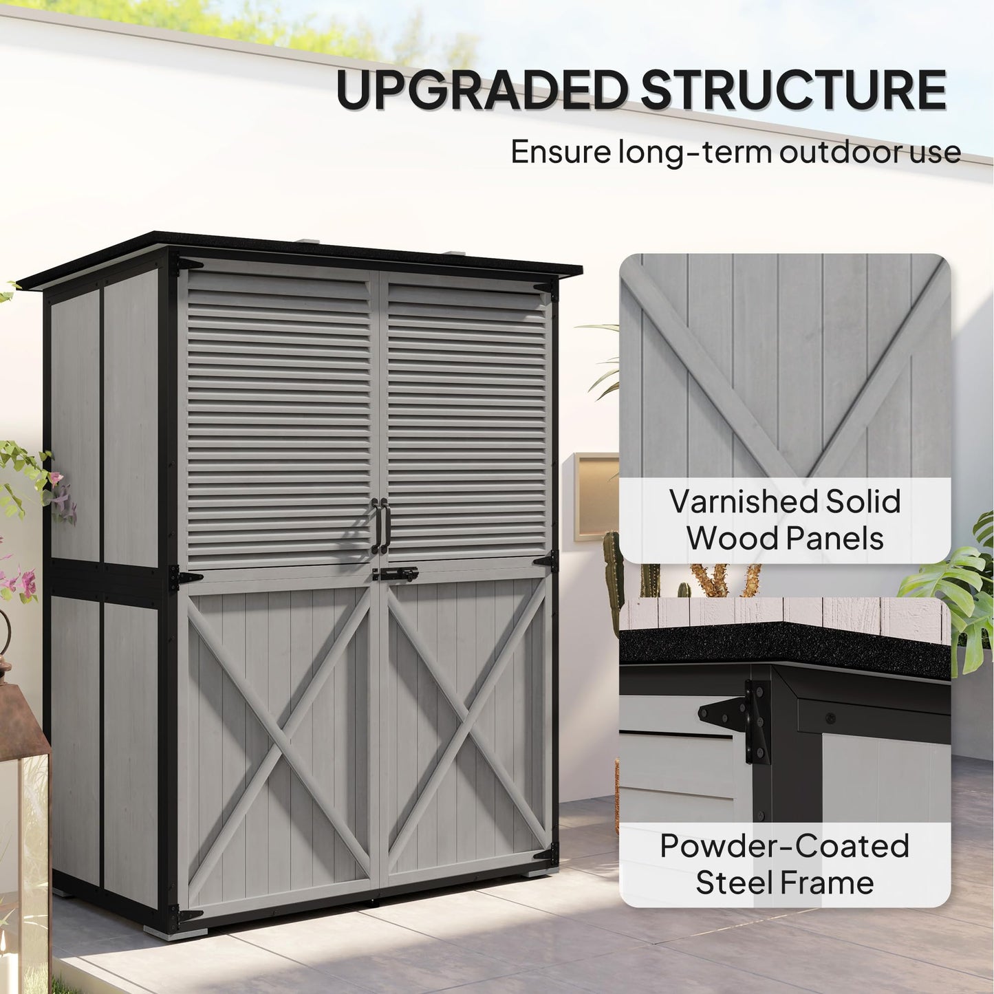 Outsunny Outdoor Storage Cabinet, Wood Garden Tool Shed with Lock, Steel Frame and Asphalt Roof, Garden Storage Shed with Adjustable Shelves and Feet for Patio Backyard Lawn, Gray